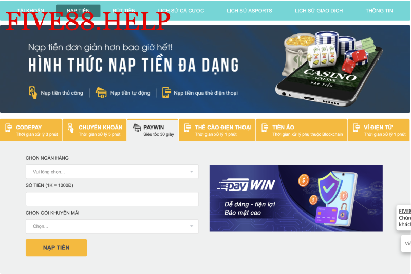 Nạp tiền Five88 Paywin